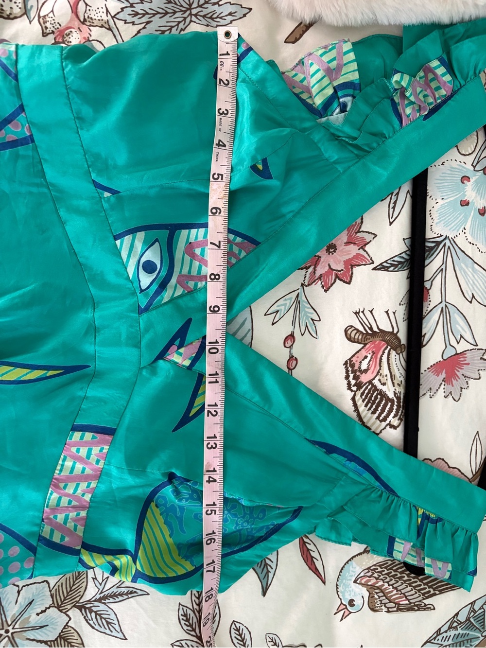 Anthropologie Silk Teal Ruffled V-Neck Fish Print Maxi Dress - Picture 4 of 5